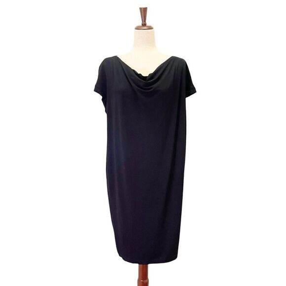 Eileen Fisher Drape Front Dress Black Short Sleeve Shift Size Medium Made in USA - Picture 2 of 11